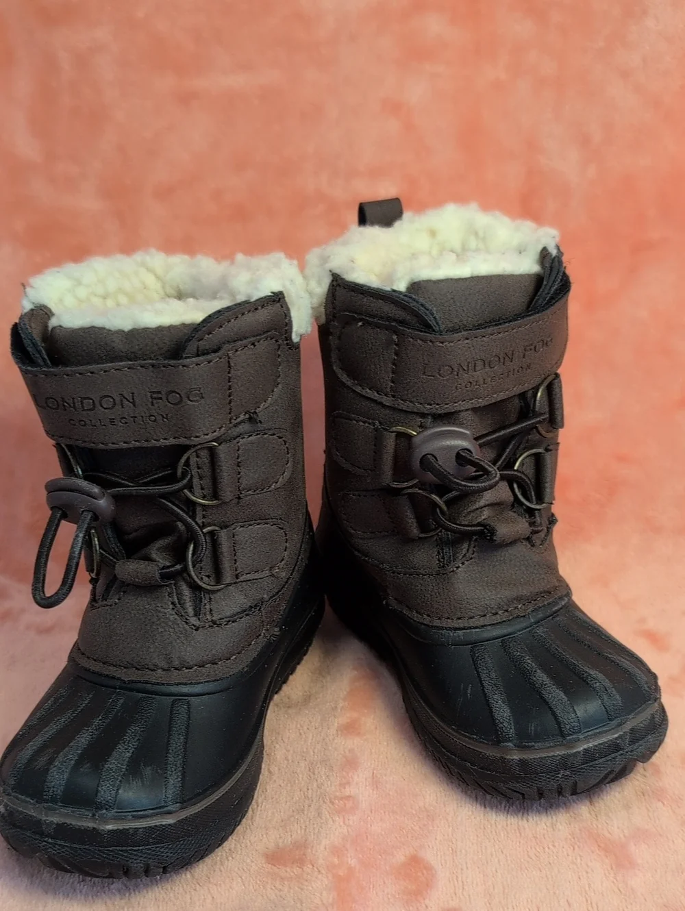London Fog Kids Dark Brown Waterproof Winter Boots with Cream Sherpa Lining
